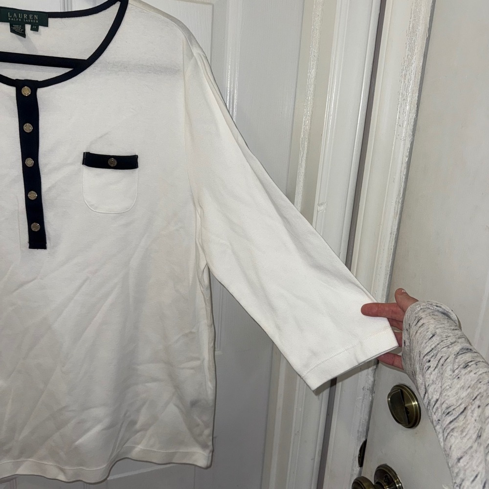 Lauren Ralph Lauren Womens 2x White Black Trim 3/4 Sleeve Henley Pocket Tee Plus - Picture 4 of 6